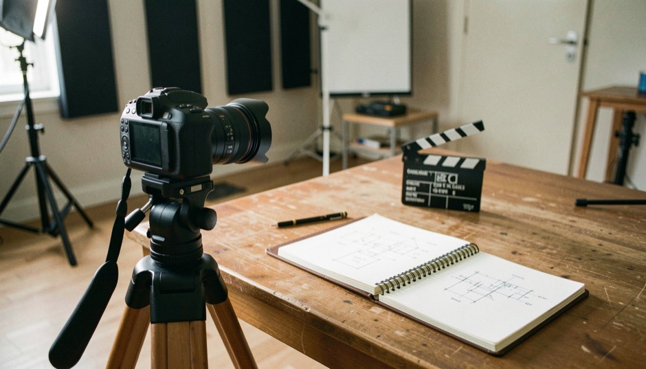 Un caméscope sur trépied face à un carnet de plans au crayon et à un clap de cinéma sur une table de répétition, sous lumière de travail latérale